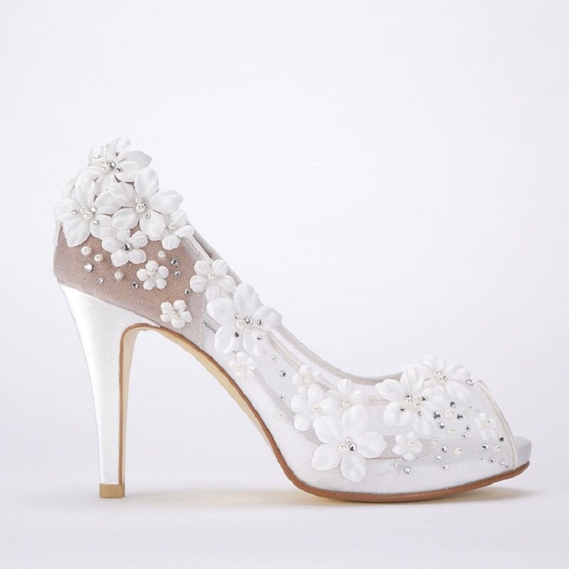 2019 spring new bride sandals wedding high heels fish mouth flower pearl rhinestone lace single shoes large size female