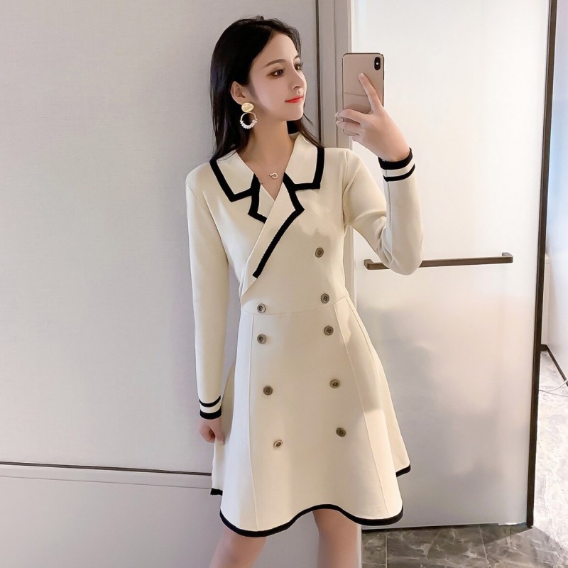 2020 Autumn Vintage Women Notched Collar Short Sleeve Knitted Sweater Mini Dress Female Double-Breasted A-line Dresses Vestidos