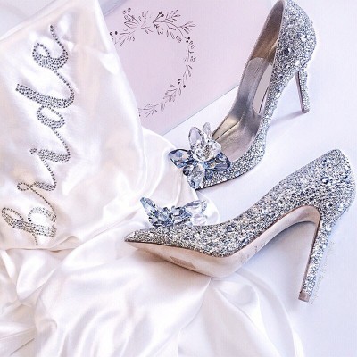 Cinderella crystal gold dress bridal shoes silver pointed high heels stiletto bridesmaid shallow mouth size wedding shoes women